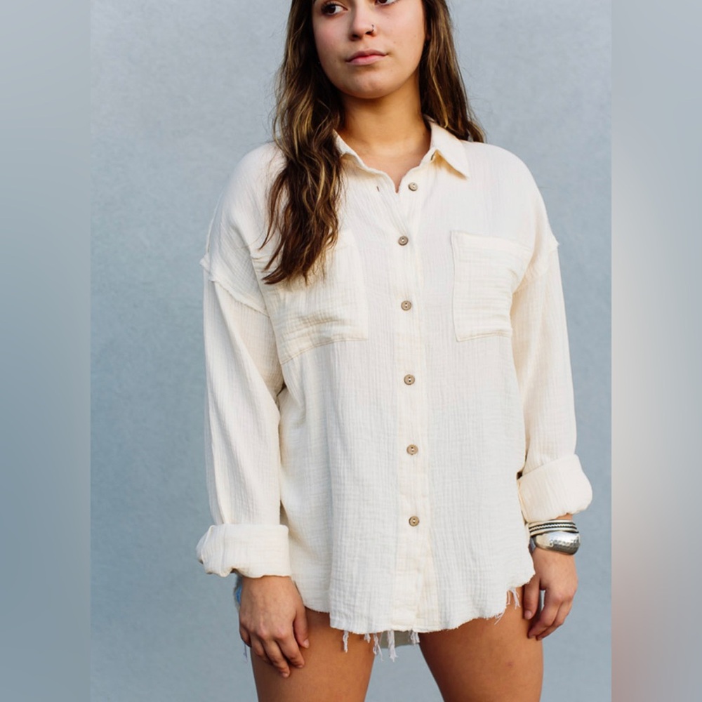 We The Free Ladies XS Boho Cardiff Relaxed Oversized Cream Cotton Top